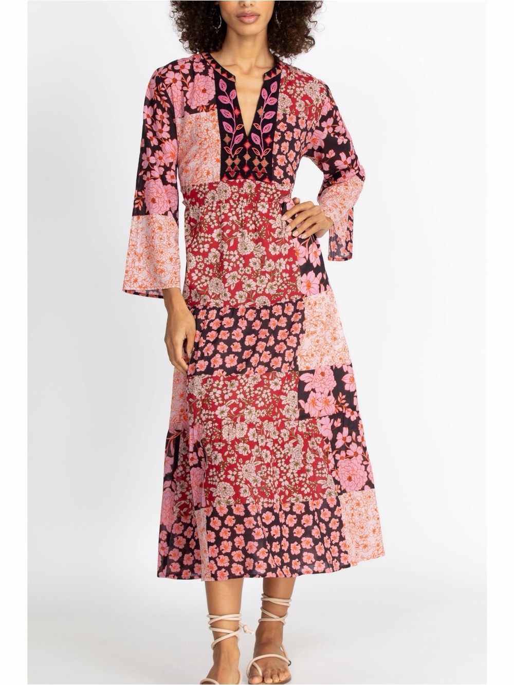 Johnny Was Flora Tie Back Patchwork Cotton Midi Dress Small